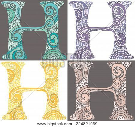 Hand drawn capital letter H in turquoise, purple, yellow and pink