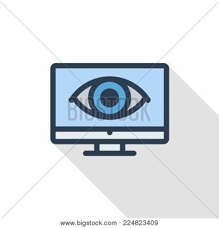 Computer, laptop, monotor and eye pictogram thin line flat color icon. Linear vector illustration. Pictogram isolated on white background. Colorful long shadow design.