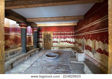 Heraklion, Greece - January 28, 2018: The Hall Of Throne, At The Palace Of Knossos, Famous Ancient C