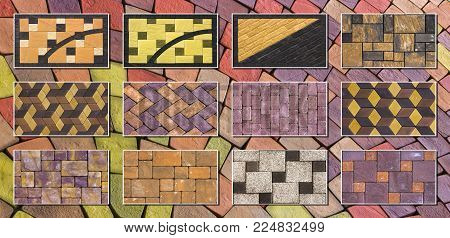 Collage sample of concrete paving slab for laying tracks.