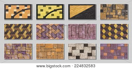 Collage sample of concrete paving slab for laying tracks.