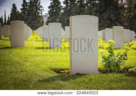 AUGUST 2017, THESSALONIKI GREECE: Zejtinlik military cemetary, joined graves of English and Irish fallen soldiers in WWI