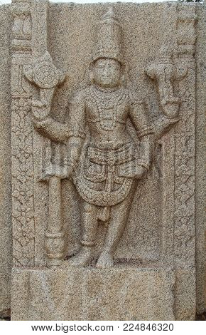 Stone Bas-reliefs On The Ruins Of A Hindu Temple Near The Vittala Temple In Hampi, Karnataka, India.