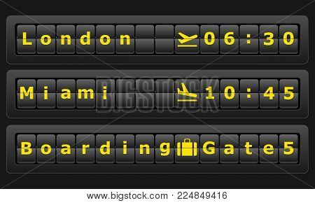 Airport board with cities London, Miami. Flights scoreboard. Departures and arrivals board. Vector illustration