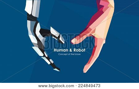 Human and robot hands. Concept of the future. Illustration an be used for artificial intelligence business banner design. Vector illustration