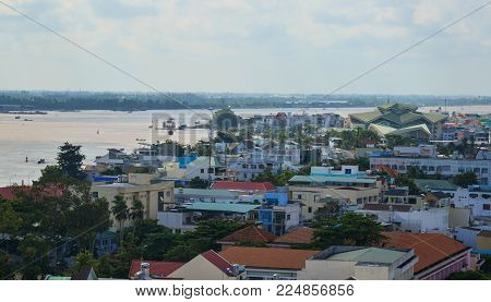 Long Xuyen, Vietnam - Sep 1, 2017. Small Town With River In Long Xuyen, Vietnam. Long Xuyen Is Capit