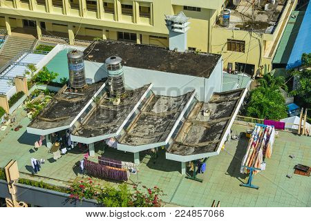 Long Xuyen, Vietnam - Sep 1, 2017. Roof Top Of An Apartment In Long Xuyen, Vietnam. Long Xuyen Is Ca