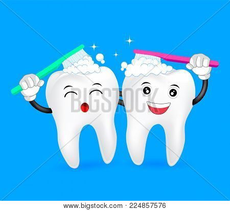 cute cartoon tooth character  brushing together. Great for dental health care concept. Illustration