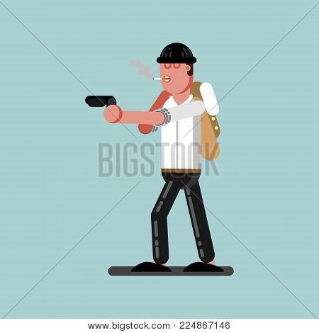 Guy with gun is ready to shoot. Vector illustration, EPS 10