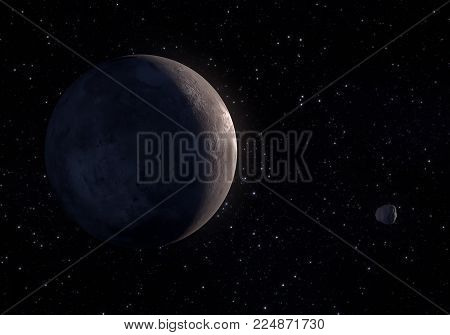 This image is a concept of the Makemake dwarf planet his small moon MK2 in a precise and scientific artwork design.This is a 3d rendering.
