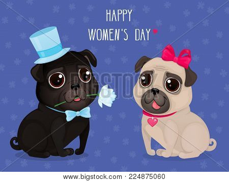 Greeting card for Women's Day with cute pugs. Cartoon dogs on a puple background. Vector illustration for a postcard or a poster. Text 