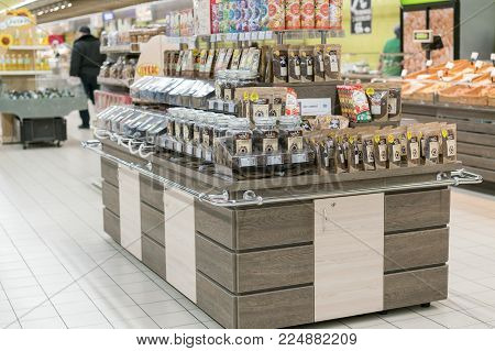 Kiev, Ukraine. February 1 2018. Tray with tea and coffee in the supermarket