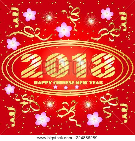 Happy Chinese New Year 2018 background. Brightly red and gold illustration. Illustration design for greeting cards and poster with confetti. Design template for Chinese New Year.