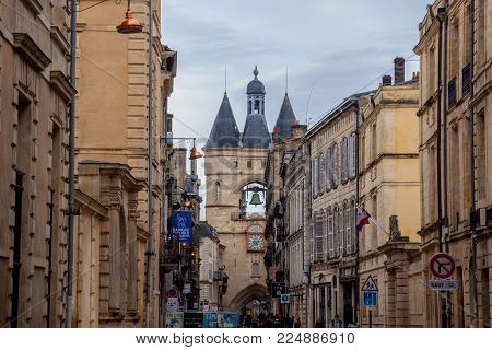 BORDEAUX, FRANCE - DECEMBER 26, 2017: Porte Saint James (Saint James Gate) also known as Grosse Cloche (Big Bell) in the city center of Bordeaux. This medieval gothic gate is one of the symbols of the older part of the city
