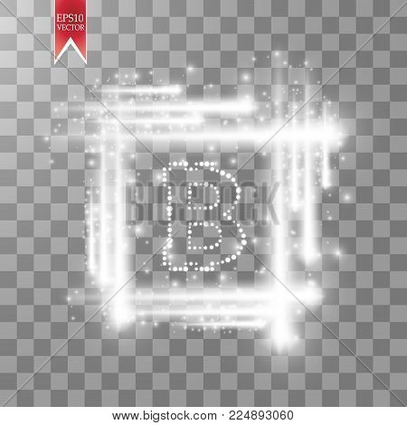 Digital bitcoins symbol with light sqare effect on transparent backgraund. Vector