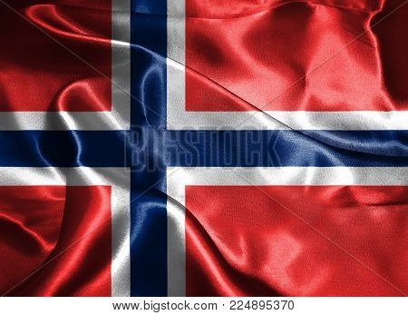 Flag Of Norway. Blue Scandinavian Cross Over The Dannebrog With Norwegian Map On It 3D Illustration