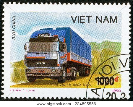 Illustrative editorial. Ukraine - circa 2018: A postage stamp printed in Vietnam show Truck tractor Iveco. Circa 1990.