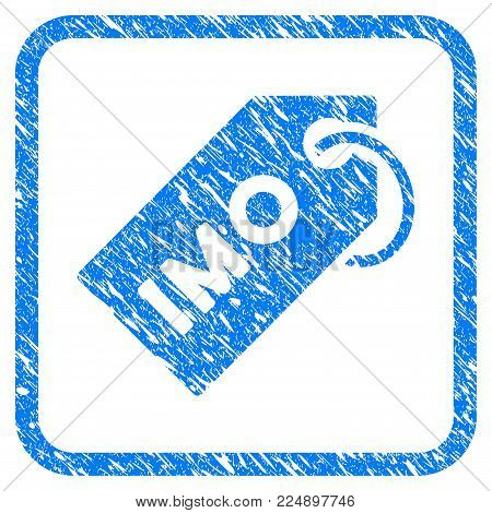 Imo Tag grungy textured icon inside rounded frame for overlay watermark stamps. Flat symbol with unclean texture. Framed vector blue rubber seal stamp with grunge design of imo tag.