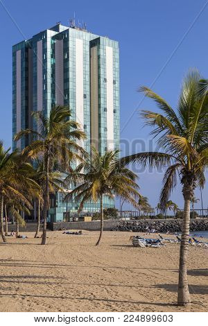 Lanzarote, Spain - January 20th 2018: A View Of The Arrecife Gran Hotel & Spa With Playa De Reducto 
