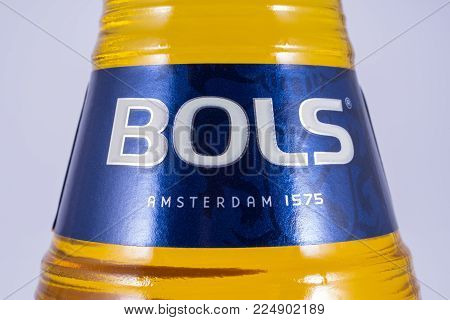 London, Uk - December 18th 2017: A Close-up Of The Bols Logo On A Bottle Of Banana Liquor, On 18th D