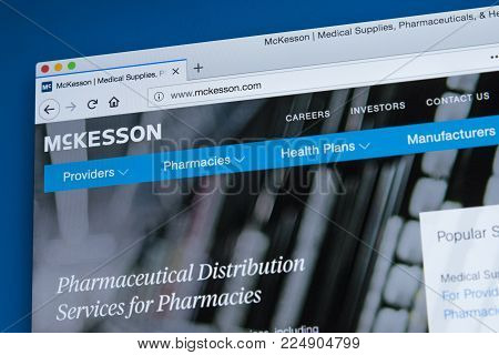 LONDON, UK - JANUARY 25TH 2018: The homepage of the official website for the McKesson Corporation - the American company distributing pharmaeuticals and medical IT and supplies, on 25th January 2018.