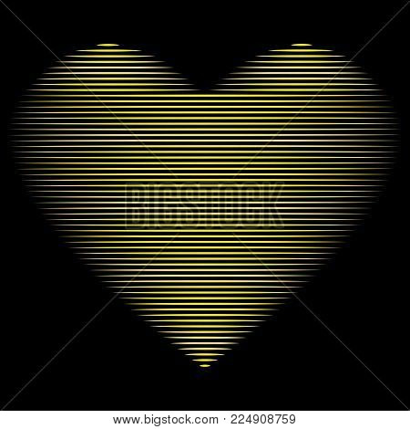 Heart of gold lines sign. Beautiful yellow icon isolated on black background. Lovely symbol. Logo for romantic holiday, celebration. Image of romance. Mark of decoration for love. Stock vector