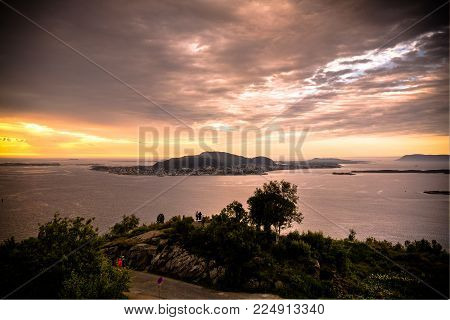 Sunset panorama view to Alesund from Fjellstua viewpoint at Norway