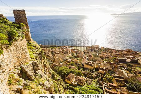views of Byzantine town of Monemvasia, Greece