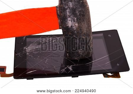 hammer blow on the display of the mobile phone, cracked on the touchscreen. hammer a high-tech device. isolated on white background
