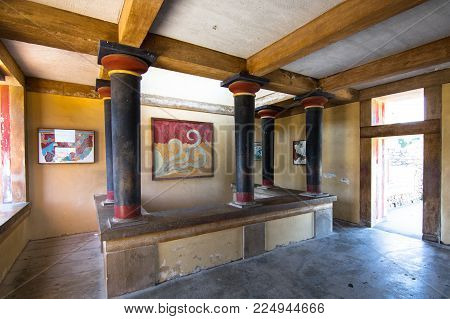 Heraklion, Greece - January 28, 2017: Copies Of Fresco In A Hall At The Palace Of Knossos, Famous An