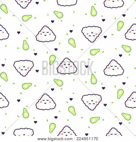 Onigiri rice ball avocado seamless food pattern. Japan cuisine cartoon background.