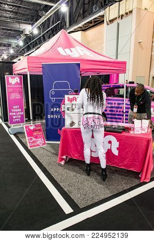 PHILADELPHIA, PA - Feb 3: a Lyft ride sharing service mentor at the 2018 Philadelphia Auto Show