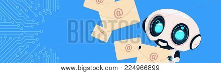 Robot Holding Envelopes Email Letters Chatter Bot Over Circuit Background Horizontal Bannner With Copy Space Flat Vector Illustration