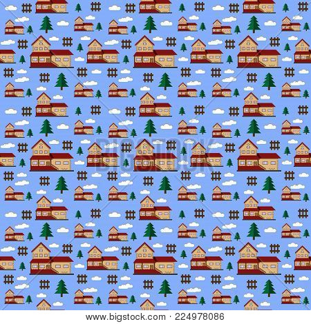 Cottage Pattern On A Blue Background. Seamless Pattern With Houses, Fir-trees And A Fence