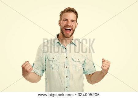 Achieve Success. Man With Beard Happy About Solution. Celebrate Good Result. Solution For All Proble