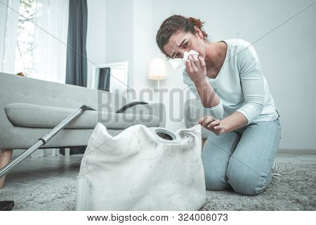 Wife Using Napkin While Having Allergy To Dust After Cleaning