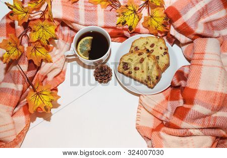 Autumn Flatlet For Instagram. Cup Of Black Tea With Lemon, Homemade Pie, Warm Red Plaid With A Check