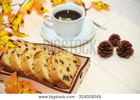 Autumn Flatlet For Instagram. Cup Of Black Tea With Lemon, Homemade Pie, Warm Red Plaid With A Check