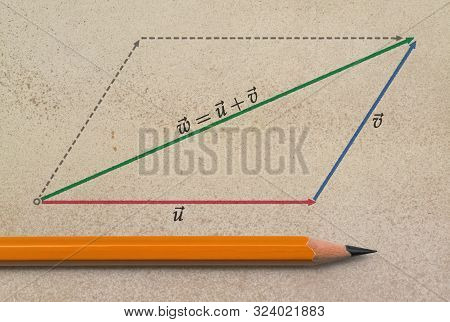 Pencil And A Graphical Representation Of Vector Summation On Grunge Background