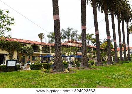 SANTA BARBARA, CALIFORNIA - APRIL 11, 2019: Hotel Milo, on Cabrillo Boulevard, is across from West Beach and Stearns Wharf, borders Burton Mound.