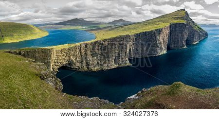 Sorvagsvatn Lake Over The Atlantic Ocean Panorama, Faroe Islands