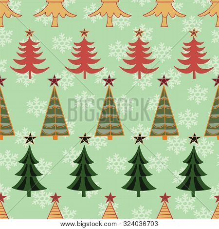Vector Christmas Tree Seamless Pattern On Green Background