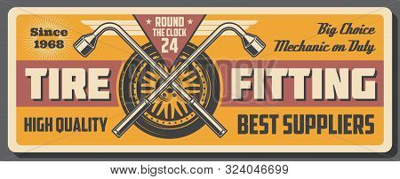 Tire Fitting Service. Vector Car Auto Service, Tire Track Of Vehicle. Metal Spanners And Tools To Fi