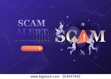 Scam Alert Web Page Template. Vector Metaphor Of Cyber Security, Computer Technology. Big Scam Word 