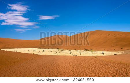 Deadvlei With Dead Trees In The Namib Desert Of Namibia. Deadvlei Is A White Clay Pan Located Near T