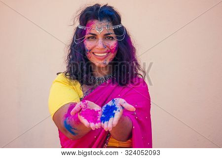 Female Indian Model Snow-white Smile On Holi Color Festival.indian Woman In Traditional Sari Dress W