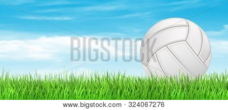 Volleyball Ball On Green Grass Field. Volleyball Banner Concept Background. Vector Stock