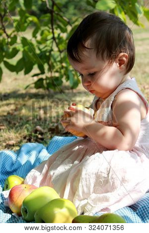 A Cute Little Baby Girl In A Light Pink Dress Sitting Under A Tree And Holding A Green Apple. Harves