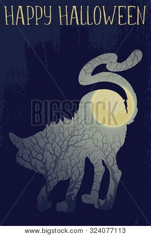 Moonlit Haunted Forest Panorama Cut Out With A Cat Silhouette. Grunge Texture Effect. Spooky Hallowe