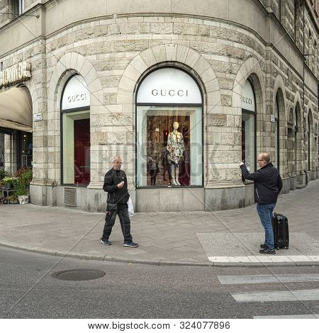 Stockholm, Sweden. September 2019.  The Windows On A City Center Street Of Luxury Brand Stores